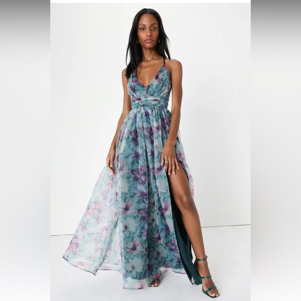 Lulus dark teal Romance that Wows Dark Teal Floral Print Organza Maxi Dress XL